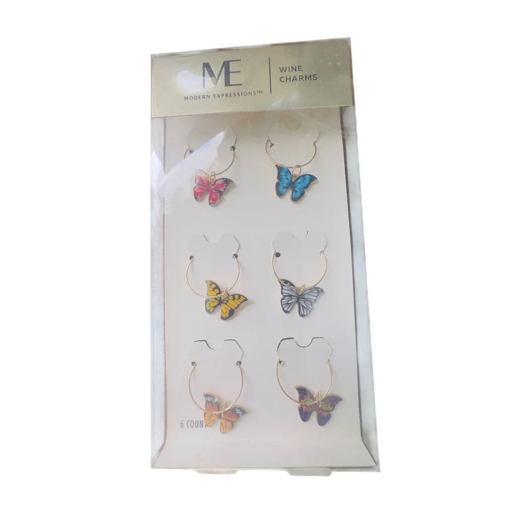 Modern Expressions Butterfly Wine Charms Set 6 Count‎ Gold Tone Enamel